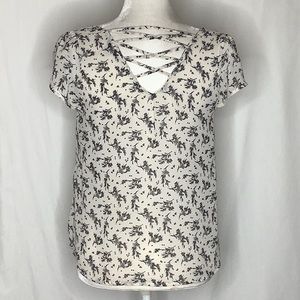 Papaya Floral Blouse Size M Strappy Back Tulip Sleeves Pleated